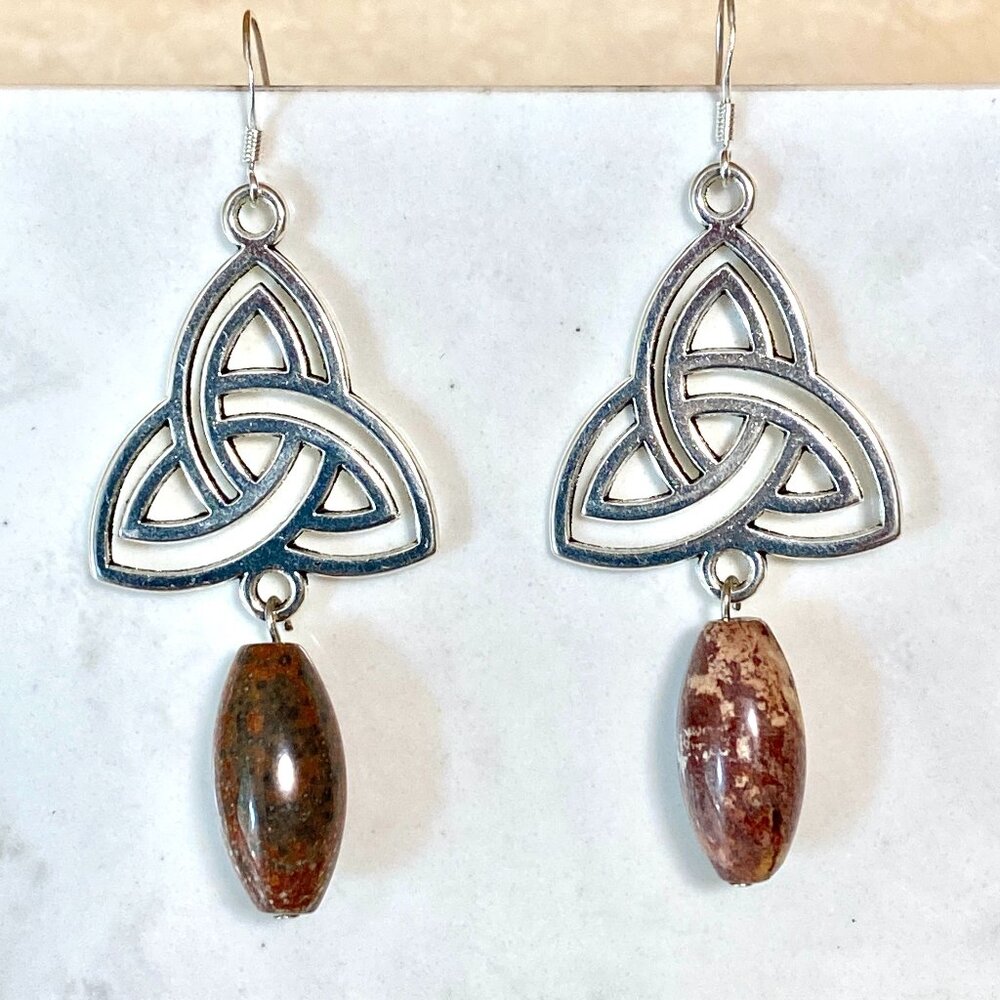 2/$20, Genuine Earthy Convoluted Jasper Triqueta Sterling Silver Dangle Earrings